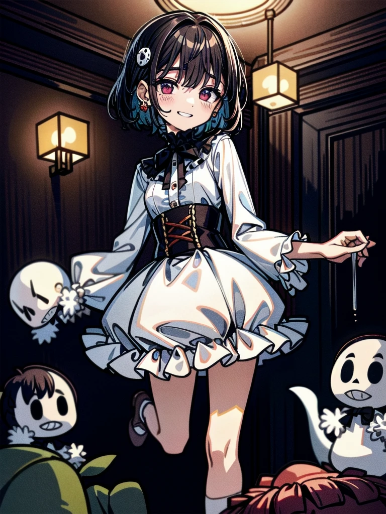 whole body, (inside basement), skirt, shirt, long sleeves, frills, evil grin, creepy, candles, hair ornament, bones, (dolls), tapestry, horror theme, absurdres, RAW photo, extremely delicate and beautiful, masterpiece, Best Quality, ultra high resolution, 32k, hyperrealistic, ultra-detailed, detailed description, pale skin, 20 years old, tearful mole, earring, Colossal tits, short medium hair, wavy hair, 