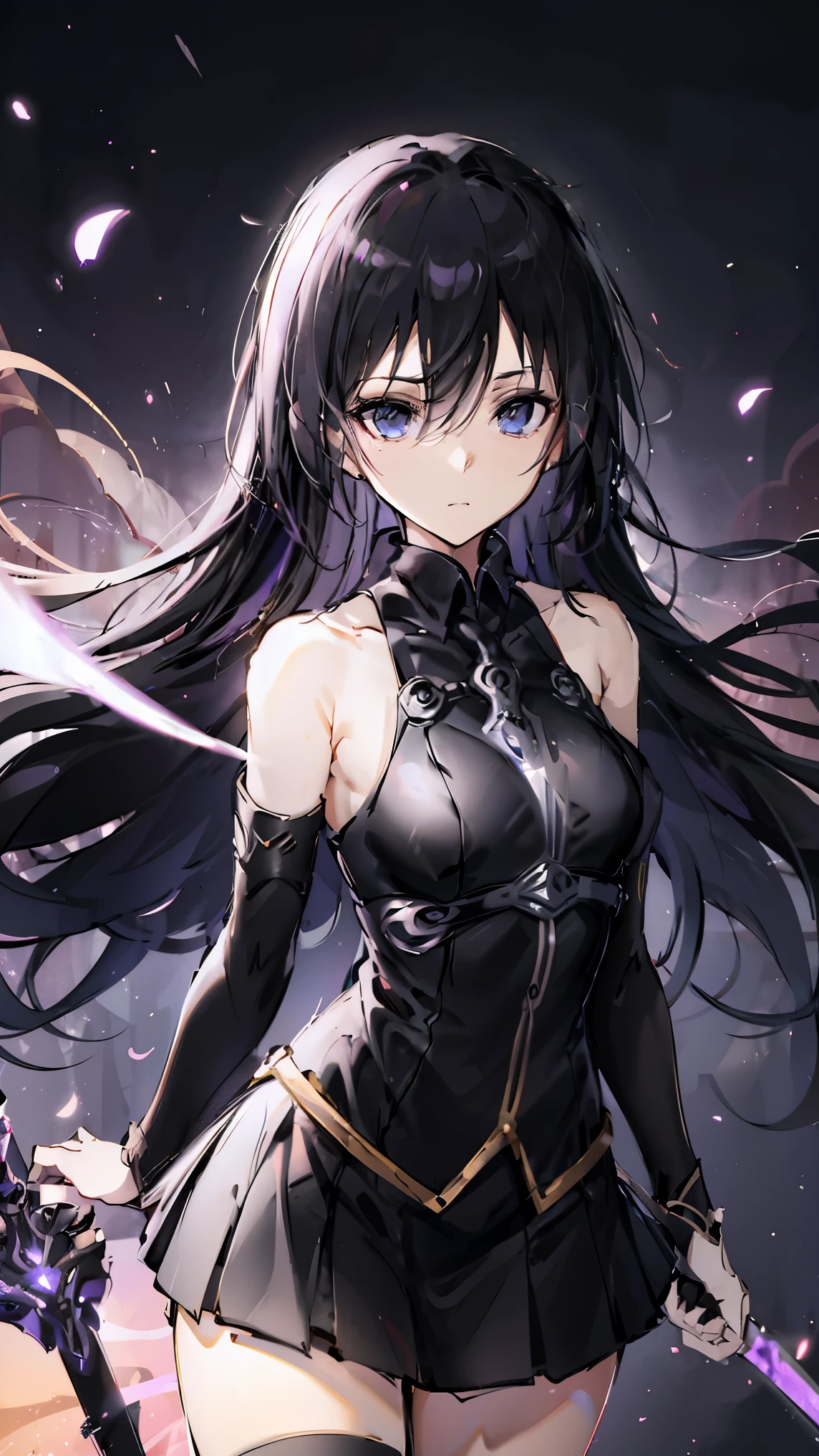 Female Kirito，Purple Eyes，Two Dimensions，anime style，one person（Female Warrior），Correct proportions，Facial details，swordsman，Black skirt，黑色Long hair，neck details，There is an Adam&#39;apple，Set，joke，robe，Clothing details，surrender，Long sleeve，Game quality，sword fight，Ray Tracing，Ray Tracing，Delicate glow，CG Rendering，Hair details，Charming eyes，fair，（Girlish feeling），The costumes are complicated，In the woods，night，Starry Sky，perfect composition，Refinement，high quality，More details，Lots of details，Complex background，Sense of atmosphere，Long hair，Purple Eyes，Black Silk