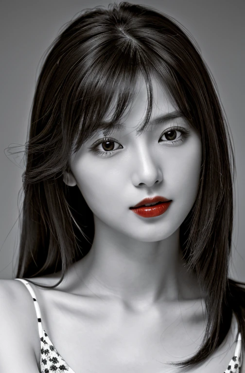 masterpiece, highest quality, Photorealistic, Very detailed, High resolution, 8k wallpaper, ((Black and white photography)), 1 girl, Skinny Japanese woman, (((Look forward))), ((Only the lips are red)), (Black and white photography), Brown Hair, Collarbone Detail, Cleavage, Perfect Face, Straight hair, ((Look straight at the camera))