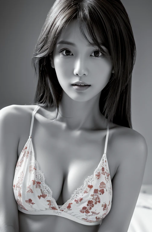 masterpiece, highest quality, Photorealistic, Very detailed, High resolution, 8k wallpaper, ((Black and white photography)), 1 girl, Skinny Japanese woman, (((Look forward))), ((Only the lips are red)), (Black and white photography), Brown Hair, Collarbone Detail, Cleavage, Perfect Face, Straight hair, ((Look straight at the camera))