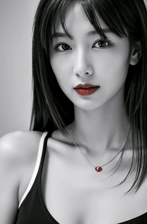 masterpiece, highest quality, Photorealistic, Very detailed, High resolution, 8k wallpaper, ((Black and white photography)), 1 girl, Skinny Japanese woman, (((Look forward))), ((Only the lips are red)), (Black and white photography), Brown Hair, Collarbone Detail, Cleavage, Perfect Face, Straight hair, ((Look straight at the camera))