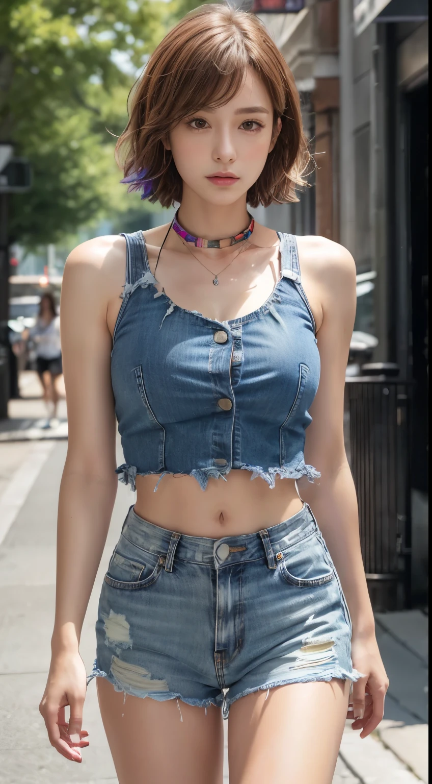 ((Mid-chest, Tomboy,)),  (Trained abdominal muscles : 1.1), (Perfect body : 1.1), (Short Wavy Hair : 1.2) , Auburn Hair, collar, Lock, Full Body Shot, Crowded street, Wearing a tank top, Jeans jacket, (Torn clothes:1.3)((Shorts)), (Very detailed CG 8k 壁紙), (Very delicate and beautiful), (masterpiece), (highest quality:1.0), (ultra High resolution:1.0),  Beautiful lighting ,Perfect Lightning, Realistic Shadows, [High resolution], Detailed skin, Very detailed (((colorful))),High Reality,