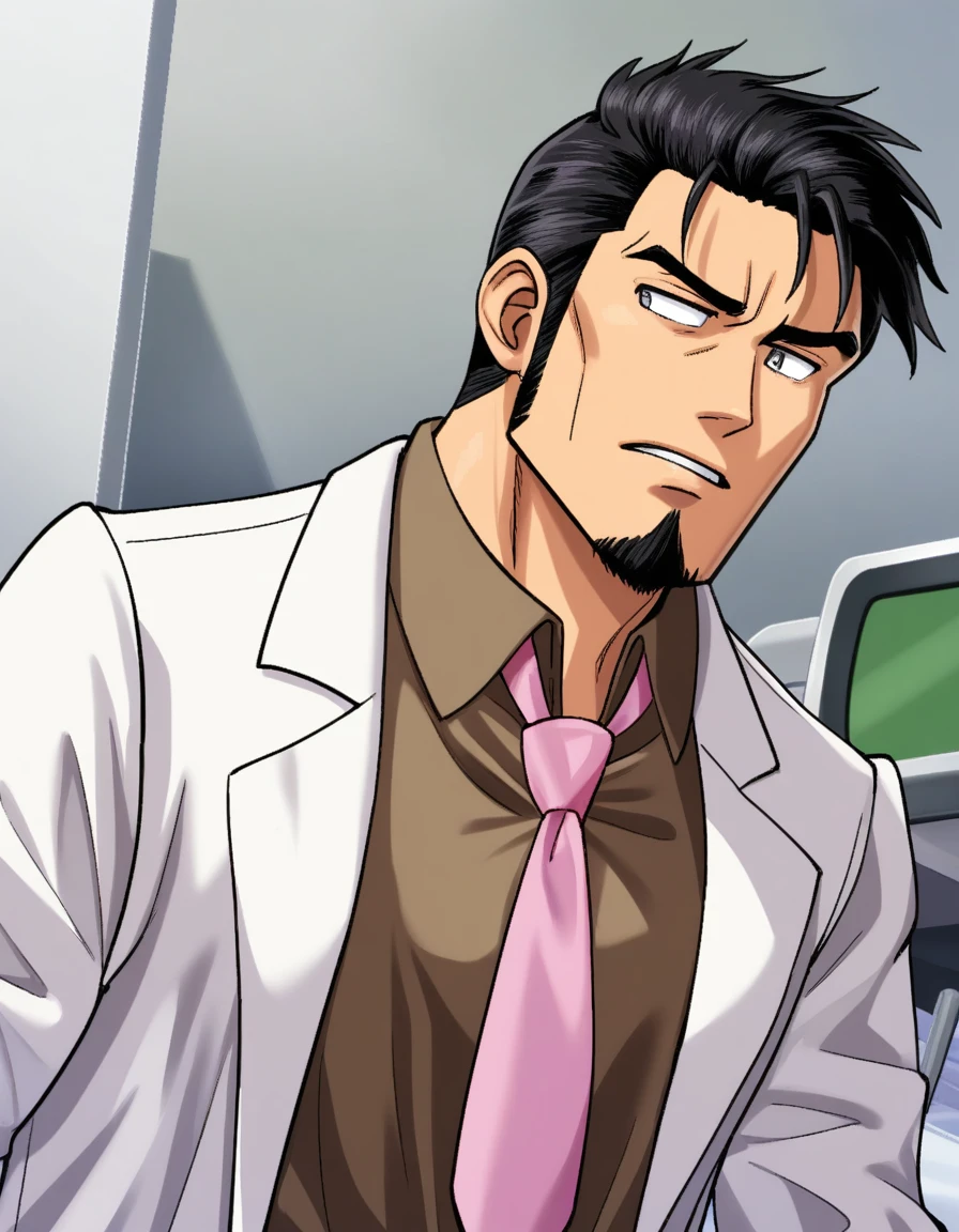 1man, mature male, ordinary, sanpaku, large eyes, oval-shaped, rough white skin, short crewcut, black hair, beard, gray eyes, goatee, ugly, masculine, BREAK solo, lab coat, pink necktie, white collared_shirt, brown vest, upperlegs, examination room, BREAK in eroge style, visual novel, 1990s, VHS quality