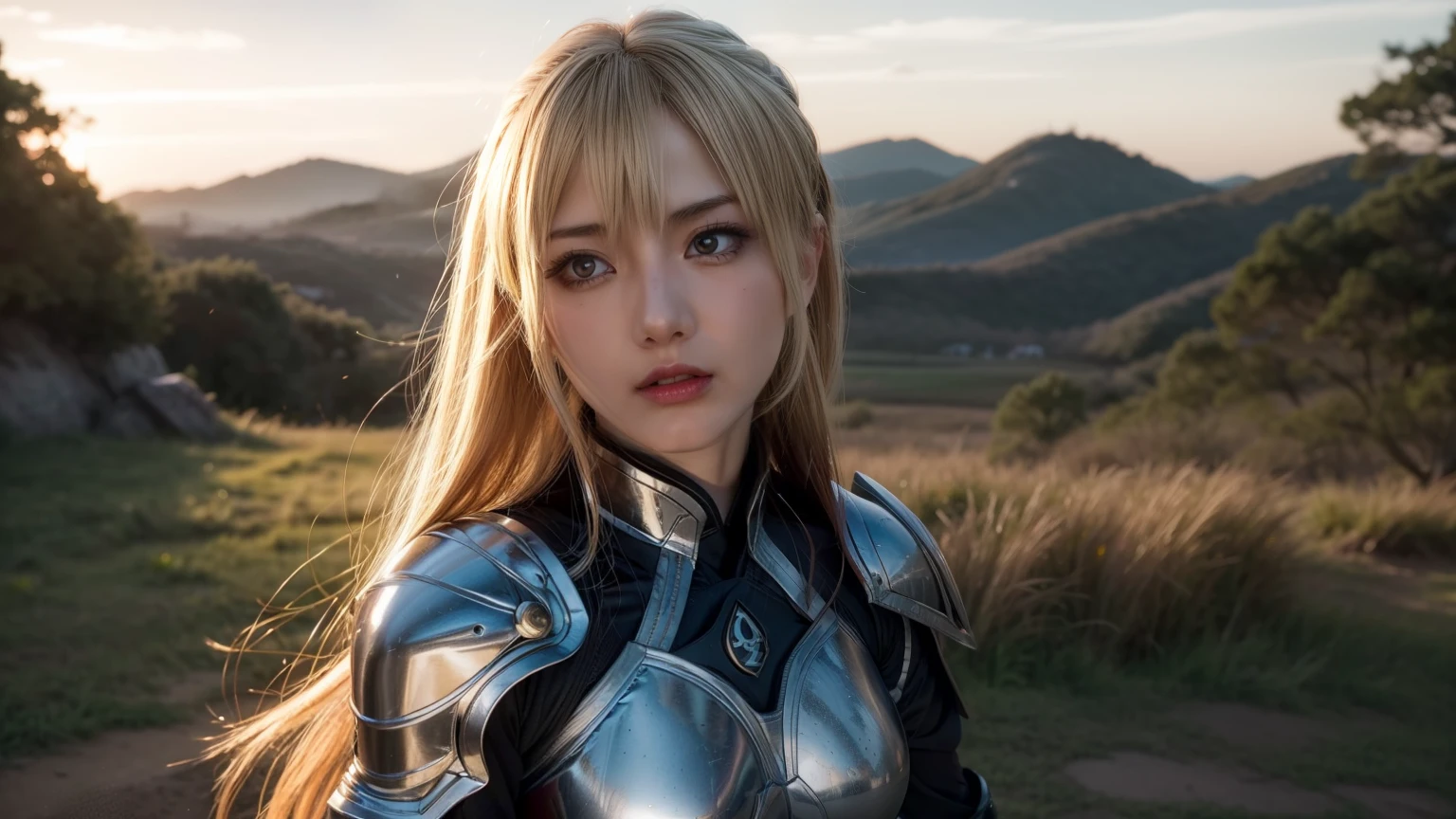 "Step into the world of Konosuba and envision a realistic portrayal of Lalatina, better known as Darkness. Imagine her standing amidst a vast, open field, the golden hues of the sunset casting a warm glow upon her armor-clad figure. Her posture is upright, yet there's a subtle tension in her stance, hinting at a readiness for battle. The intricate details of her armor catch the light, reflecting a sense of resilience and strength. But it's her eyes that draw you in – deep pools of determination, tinged with a hint of vulnerability. As the wind tousles her hair, strands of it dance gently around her face, framing features that speak of both nobility and earnestness. Despite the armor, there's a softness to her expression, a kindness that belies her warrior exterior. In the distance, the faint sounds of nature mingle with the rustle of leaves, creating a serene backdrop to this moment of introspection. You can almost feel the weight of her convictions, the inner conflict between duty and desire, as she gazes into the horizon with unwavering resolve. This portrayal captures Lalatina in a raw, authentic light, transcending the boundaries of animation to evoke a sense of realism and depth to her character." beatiful girl, perfect body, perfect face, perfect eyes, super fine body, super fine eyes, super fine face, perfect mouth, super fine mouth, blonde