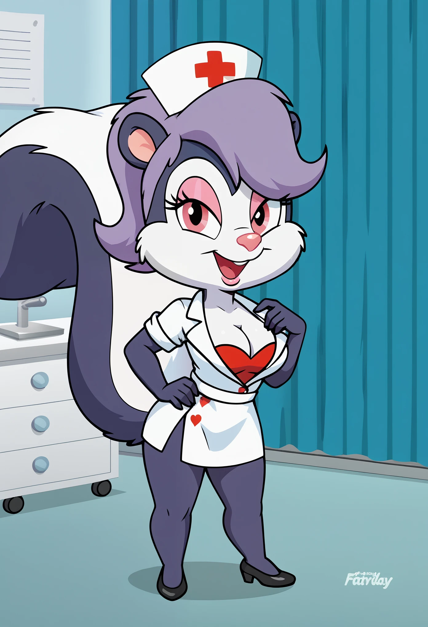 (source_furry, source_cartoon, score_9, score_8_up, score_7_up:1), screencap, solo female, 1girl, skunk, nurse, ears, tail, cleavage, looking at viewer, indoors, (chibi:0.75)