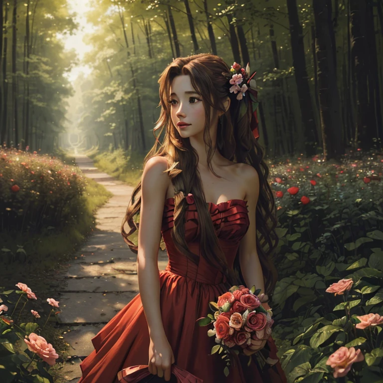 (((medium full shot))), (Masterpiece, photorealistic, photorealism, best quality, ultra-detailed:1.3), (nice hands, perfect hands), official art, cinematic light, (1girl:1.3), adult, A ((aerith gainsborough very long hair, hair ribbons, hair flowers, strapless red dress, high heels)), ((look away from the camera)), forest as background