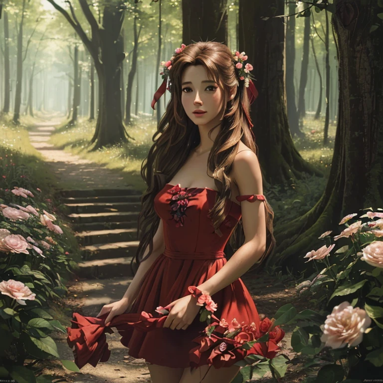 (((medium full shot))), (Masterpiece, photorealistic, photorealism, best quality, ultra-detailed:1.3), (nice hands, perfect hands), official art, cinematic light, (1girl:1.3), adult, A ((aerith gainsborough very long hair, hair ribbons, hair flowers, strapless red dress, high heels)), ((look away from the camera)), forest as background