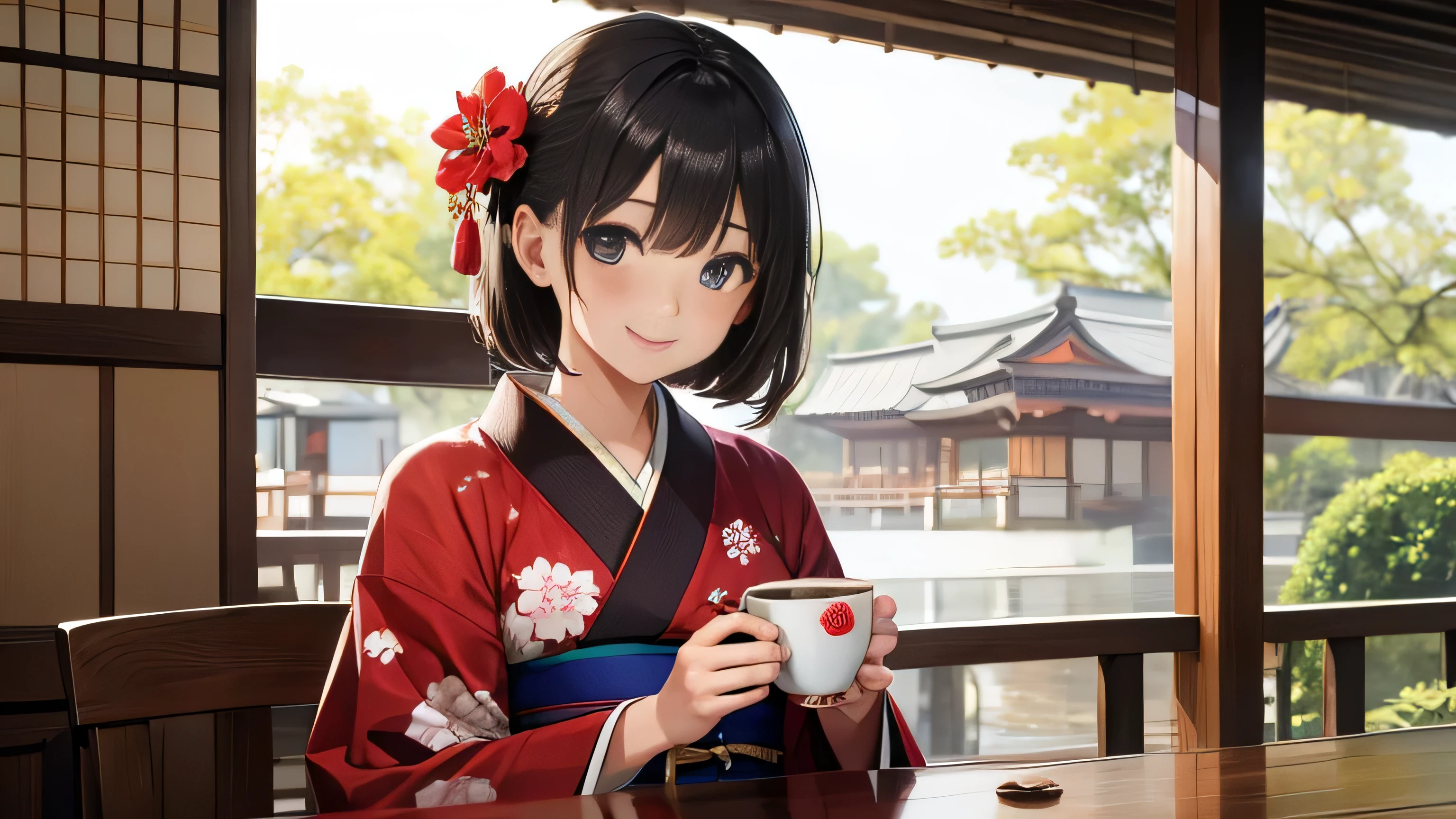 Beautiful girl in a kimono drinking coffee、smile