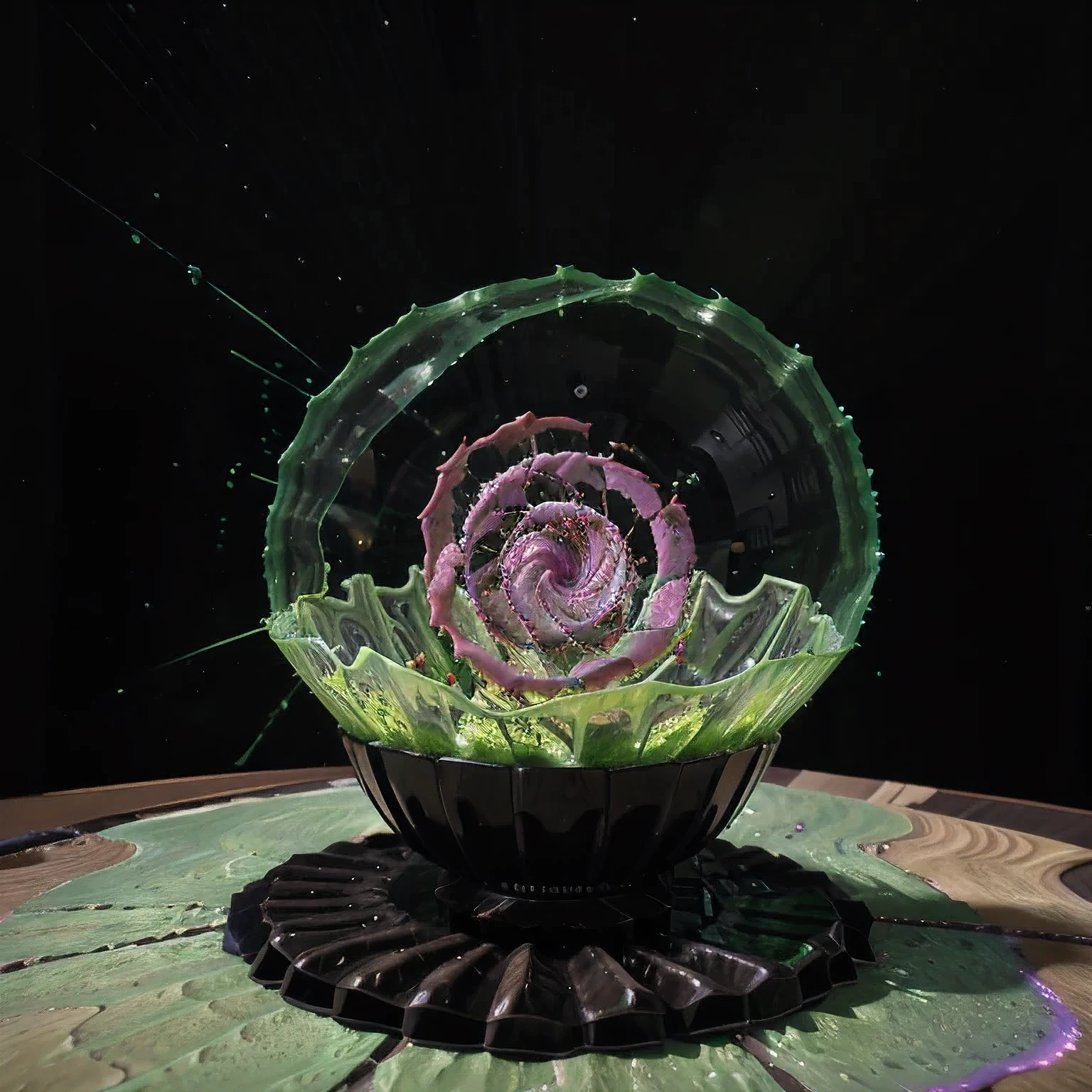 Seabed ice sheet background,detailed armor, ornate headdress, samurai helmet(((Dynamic rotating concentric circles)))(Dynamic rotation of concentric circles)Mandala is the result of the long journey of creating concentric circles of liquid color, there is a glass bowl with a green and purple swirl inside, simulacrum of a space fungus, alien flower, distant nebula are glowing algae, inspired by Otto Piene, inspired by Earnst Haeckel, top down extraterrestial view, covered with ferrofluid. dslr, translucent algae ornate, the eye of the universe, anatomical fractal,which interact through transparency, refraction, reflection, and collision. The ultimate goal is to showcase unique, detailed, and aesthetically pleasing images that capture the audience's attention through their initial visual impact and stunning details in liquid interactions,there is a cake with a red and yellow center on a blue plate, inspired by Otto Piene, victor antonov, culinary art photography, inspired by Graham Sutherland, colorful ferrofluid armor, inspired by Anish Kapoor, alexandra fomina, david kassan, by Jan Rustem, rudolf is hired, sergey krasovskiy, kai vermehr