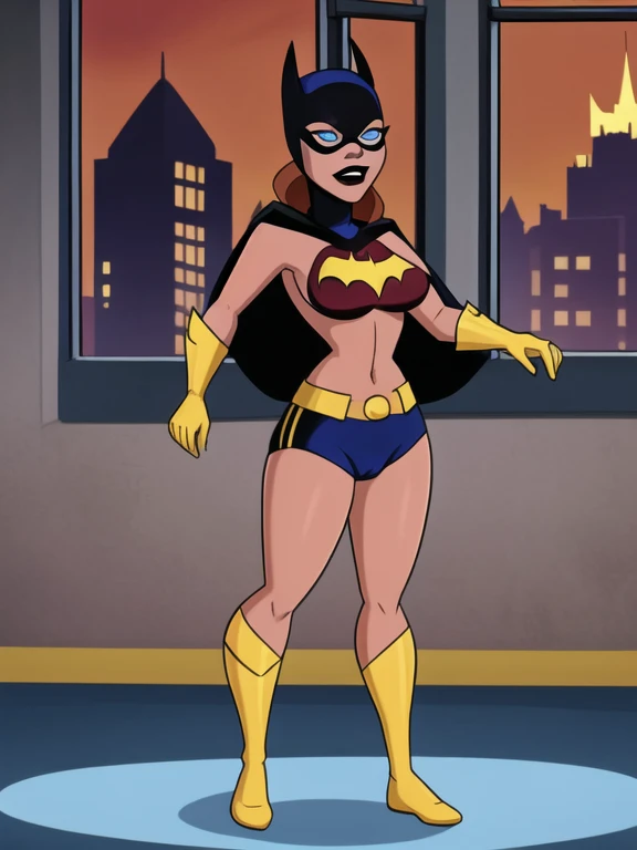 score_9, score_8_up, score_7_up, score_6_up, 1girl, solo, batgirl is posturingin gym, , black lips, red hair, , black sportswear, sideboob, pointy breasts, cape, yellow panties,in windowviewof gotham city, red sky, dirigible, (icy blue eyes), full body