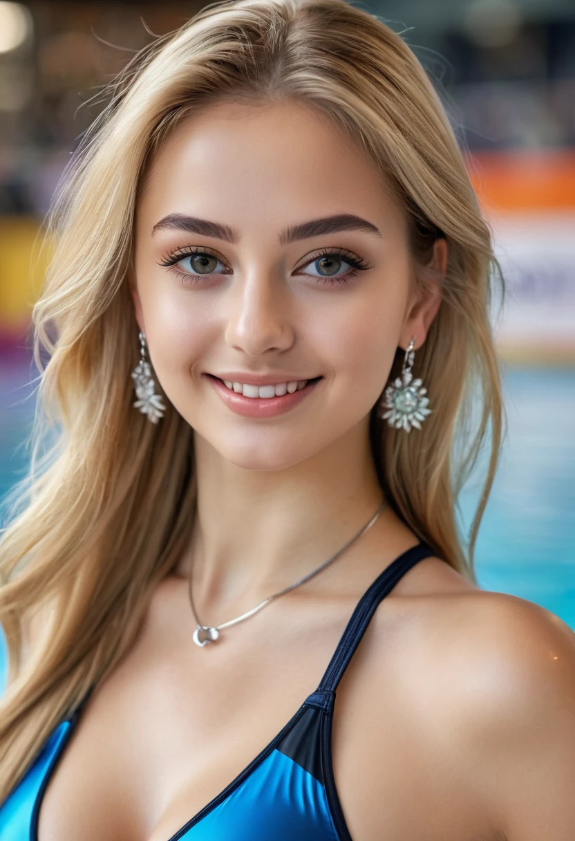 hyperrealistic beautiful busty 18-year-old women in shiny colored spandex onepiece swimwear, model shooting full body photography, view from behind, natural blonde very long straight hair, dark eye makeup with eyeliner, seductive smile, small necklace and earrings, 8K, best quality, Meisterwerk, ultra high resolution, (Realismus: 1.4), Originalfoto, (realistische Hautstruktur: 1.3), (Filmkorn: 1.3), (Selfie-Winkel), 1 girl, Beautiful round hazel eyes and facial details, Meisterwerk, best quality, in a sports arena
