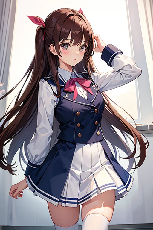 Navy-blue high-school uniform with white-collar, White-Skirt, Reddish-brown-hair, Two-sided-up with big pink ribbon, Brown-eyes, zettai-ryouiki