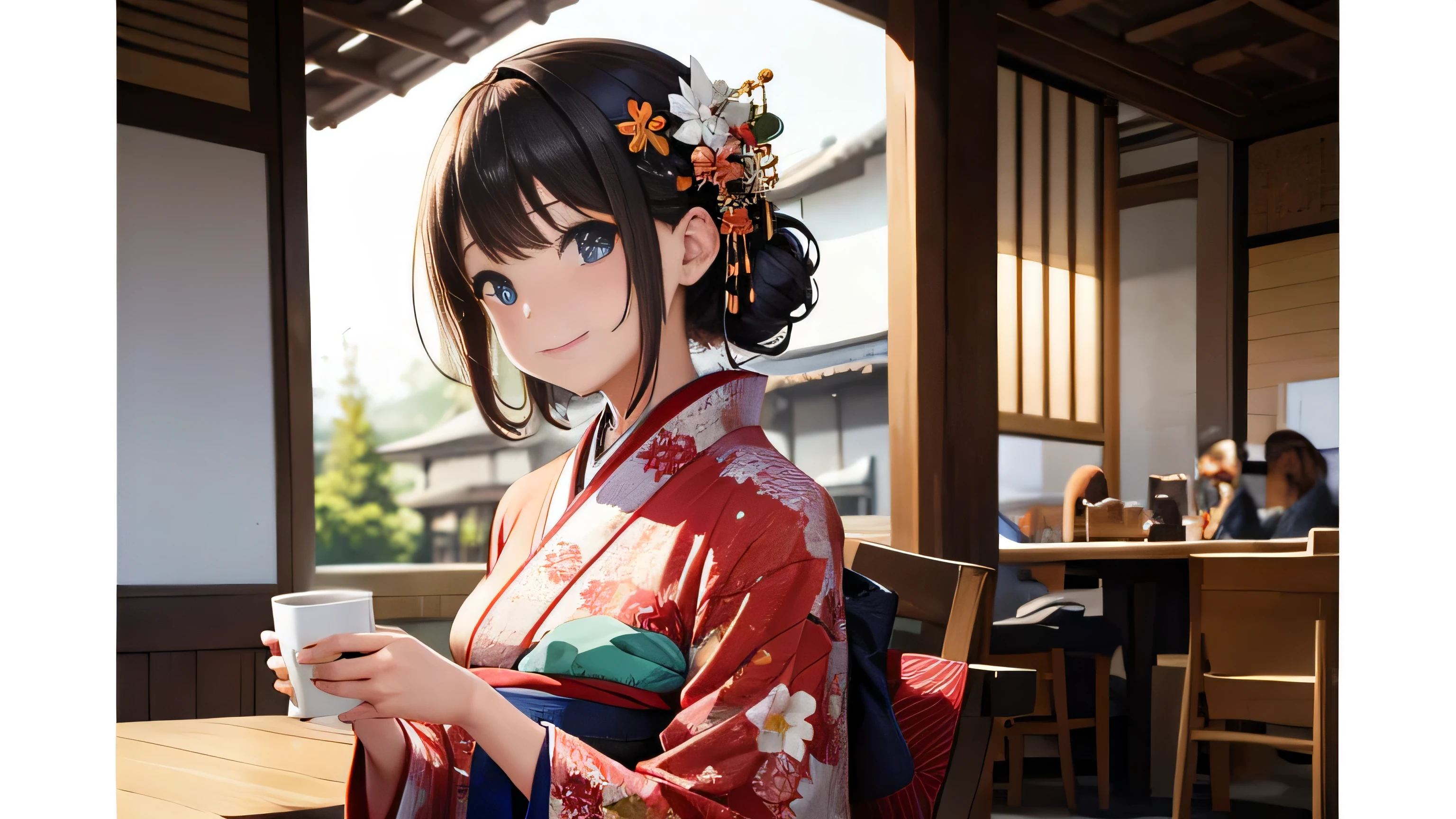 Beautiful girl in a kimono drinking coffee、smile