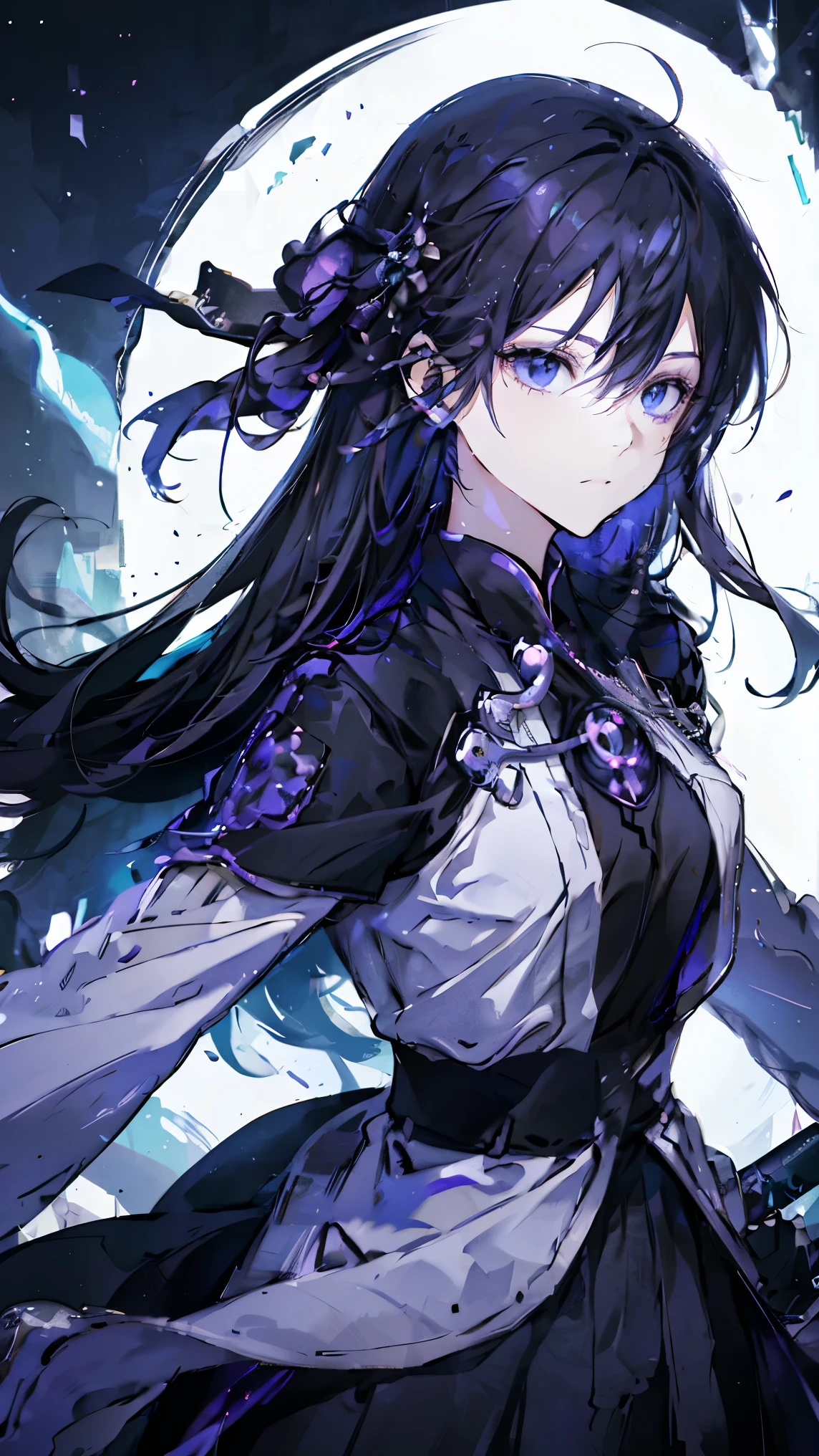 Female Kirito，Purple Eyes，Two Dimensions，anime style，one person（Female Warrior），Correct proportions，Facial details，swordsman，Black skirt，黑色Long hair，neck details，There is an Adam&#39;apple，Set，joke，robe，Clothing details，surrender，Long sleeve，Game quality，sword fight，Ray Tracing，Ray Tracing，Delicate glow，CG Rendering，Hair details，Charming eyes，fair，（Girlish feeling），The costumes are complicated，In the woods，night，Starry Sky，perfect composition，Refinement，high quality，More details，Lots of details，Complex background，Sense of atmosphere，Long hair，Purple Eyes，