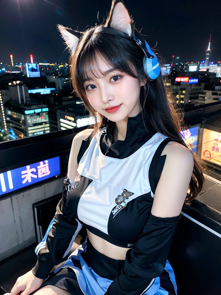 Full body photo、whole、最high quality, masterpiece, 32k、Very detailed、Realistic、1 girl, Japanese women、Cute face, (photo Actual:1.3), Edge lighting, (Skin with attention to detail:1.2), 8k超High resolution, Single-lens reflex camera, high quality, High resolution, 4K, 8k, Optimal ratio of four fingers to one thumb, (Actual:1.3), smile、自然なsmile、Nice body、big Boobs（big 、There is a valley）Baseball Cheerleader Costumes(black、Light blue line design、Japanese professional baseball cheerleaders)、Cat ear headphones(ピンク色のネオンCat ear headphones)、cute 1 girl, Realistic、Super Realistic、32k、Very detailed、masterpiece, 最high quality, beautiful girl, beauty、 Mecha, Beautiful lighting, Sitting,Cyber Neon、Future City、Skyscraper、City Night、Shanghai、big cities、Night view、綺麗なNight view