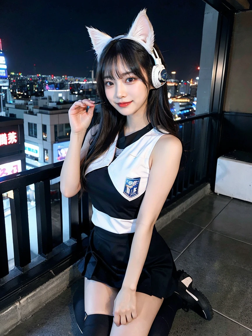 Full body photo、whole、最high quality, masterpiece, 32k、Very detailed、Realistic、1 girl, Japanese women、Cute face, (photo Actual:1.3), Edge lighting, (Skin with attention to detail:1.2), 8k超High resolution, Single-lens reflex camera, high quality, High resolution, 4K, 8k, Optimal ratio of four fingers to one thumb, (Actual:1.3), smile、自然なsmile、Nice body、big Boobs(big 、There is a valley)Baseball Cheerleader Costumes(black、Light blue line design、Japanese professional baseball cheerleaders)、Cat ear headphones(ピンク色のネオンCat ear headphones)、cute 1 girl, Realistic、Super Realistic、32k、Very detailed、masterpiece, 最high quality, beautiful girl, beauty、 Mecha, Beautiful lighting, Sitting,Cyber Neon、Future City、Skyscraper、City Night、Shanghai、big cities、Night view、綺麗なNight view