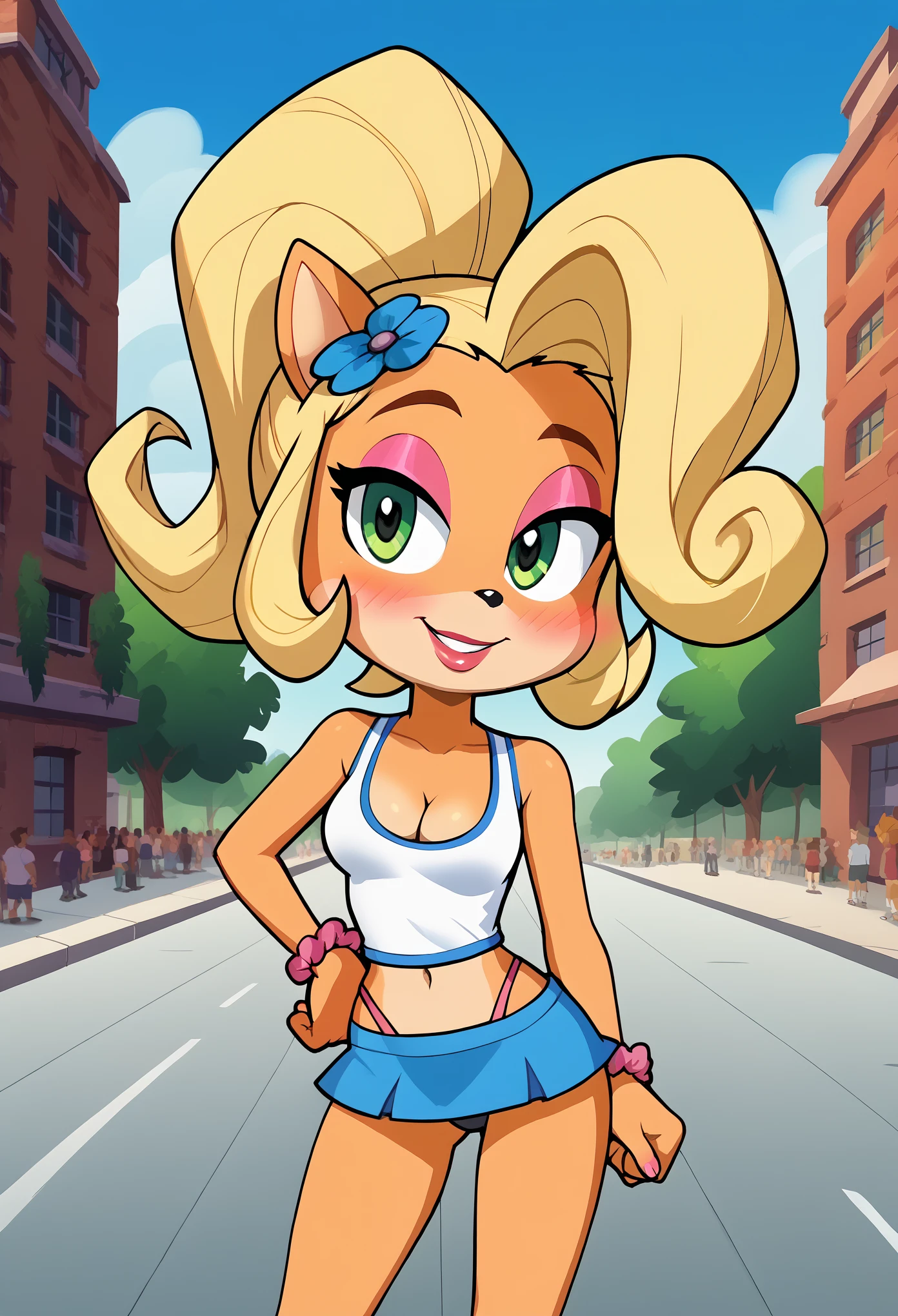 source_furry, source_cartoon, score_9, score_8_up, score_7_up, BREAK 1girl, screencap,coco bandicoot, blonde hair, cleavage,outdoors,city, blush,crowd, people,thong,seductive smile,skinny ,microskirt,sleeveless shirt, solo