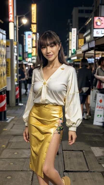 ((Top Quality)), ((8K)), ((Masterpiece: 1.3)), (Perfect Appearance), (Photorealism: 1.6), (Japanese Woman Walking in the Alley at the End of the Market), (Shinjuku Golden at Night City: 1.4), (Bar area: 1.2), (Precise background), Japanese mature woman, (60 years old), ((upright, front, center of screen)), ((realistic skin texture)), (fine wrinkles throughout the skin), (dullness of the skin), (moisture ( Wrinkles on the face), (wrinkles at the corners of the eyes), double eyelids, tear bags on the lower eyelids, eyes turned towards you, a smile with the corners of the mouth raised wide, short bangs, straight medium hair, hair blowing in the wind, (fashionable clothes: 1.4), (skirt), (full body portrait: 1.4),