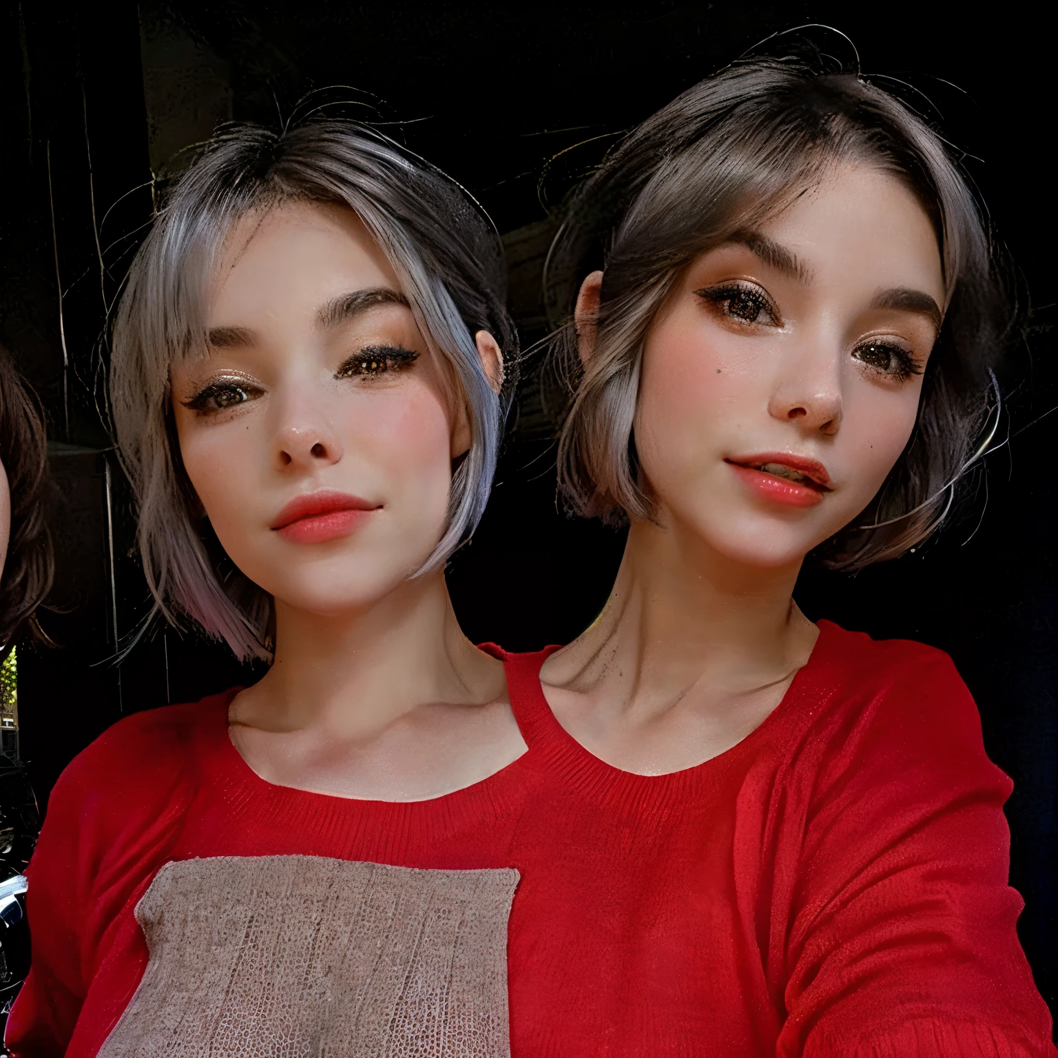 Woman with short hair and a red shirt posing for a picture, belle delphine, chrome bob haircut, beautiful sci - fi twins, eva elfie, wearing silver hair, both faces visible, beautiful gemini twins portrait, short silver hair, both have red lips, silver hair (two heads)