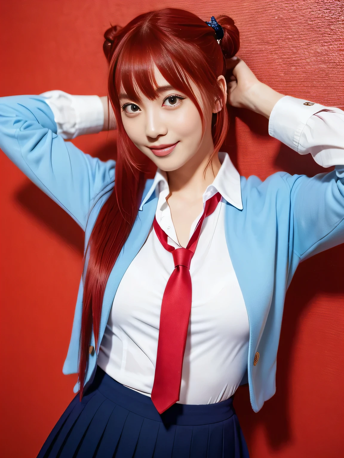 (highest quality、Red Hair、8k、32k、masterpiece、Hmph:1.2)、sexy、16 years old、Cute Japanese Women Photos、Twin tails、thin、slender、(Bobcut)、(Small Tits)、double eyelid、 Red open front shirt、Navy blue tie、You can see her underwear faintly、Red mini skirt、Thighs、Light blue wall、whole body、smile、sexy