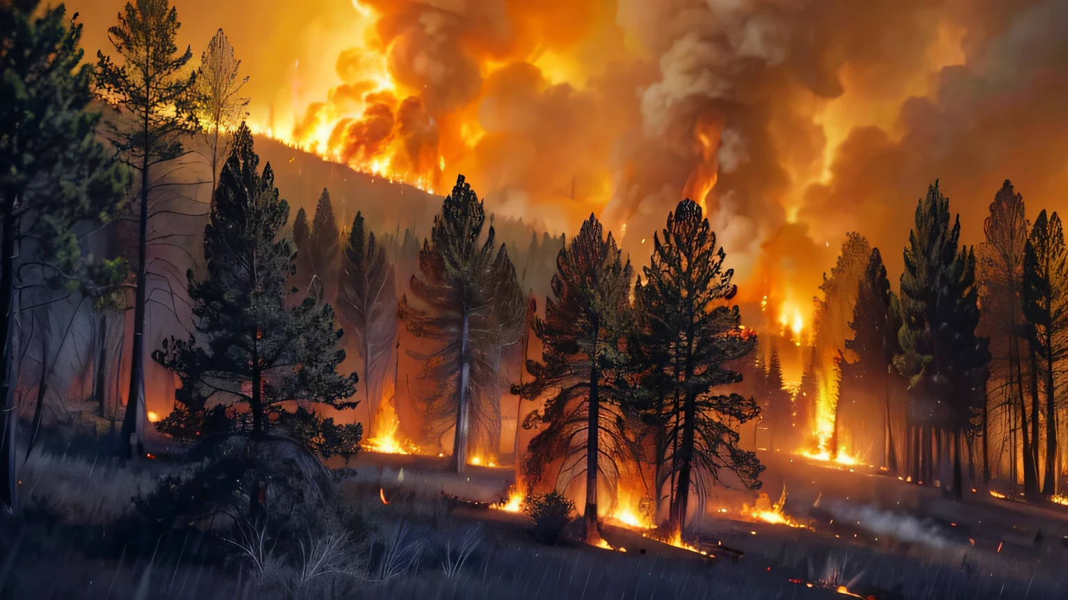 Landscape of a burning forest, anime, 8k, realistic lights,