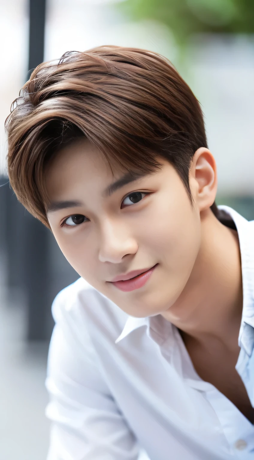 masterpiece, highest quality, Realistic, Super detailed, SFW, portrait of young man, Asian, White shirt,A shy smile、City、Korean Star, Handsome、Brown Hair、Cool eyes
