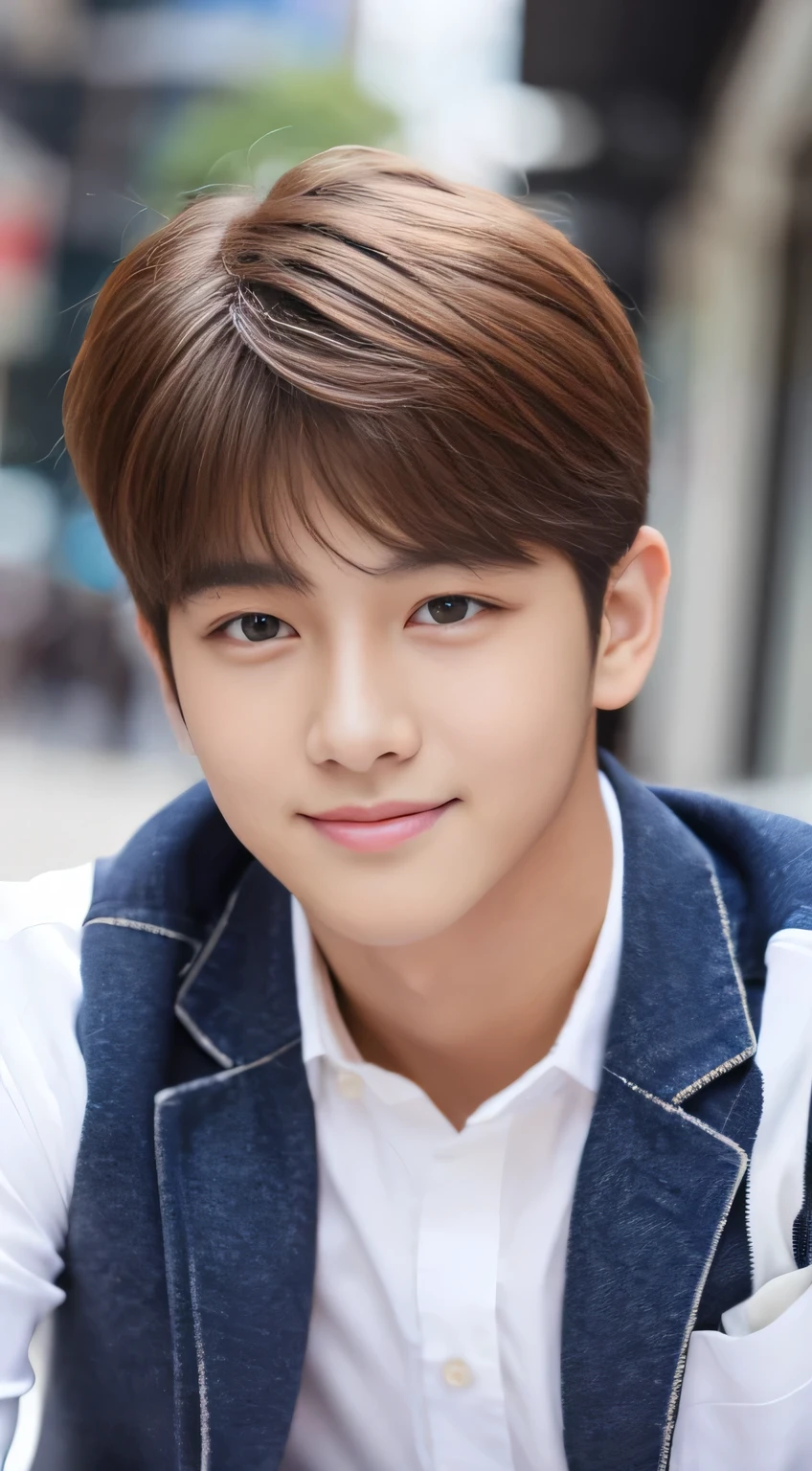 masterpiece, highest quality, Realistic, Super detailed, SFW, portrait of young man, Asian, White shirt,A shy smile、City、Korean Star, Handsome、Brown Hair、Cool eyes