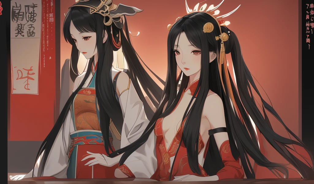 Long straight black hair, flat chest, hairpin, headdress, imperial concubine's clothing, embroidered shoes, Chinese palace