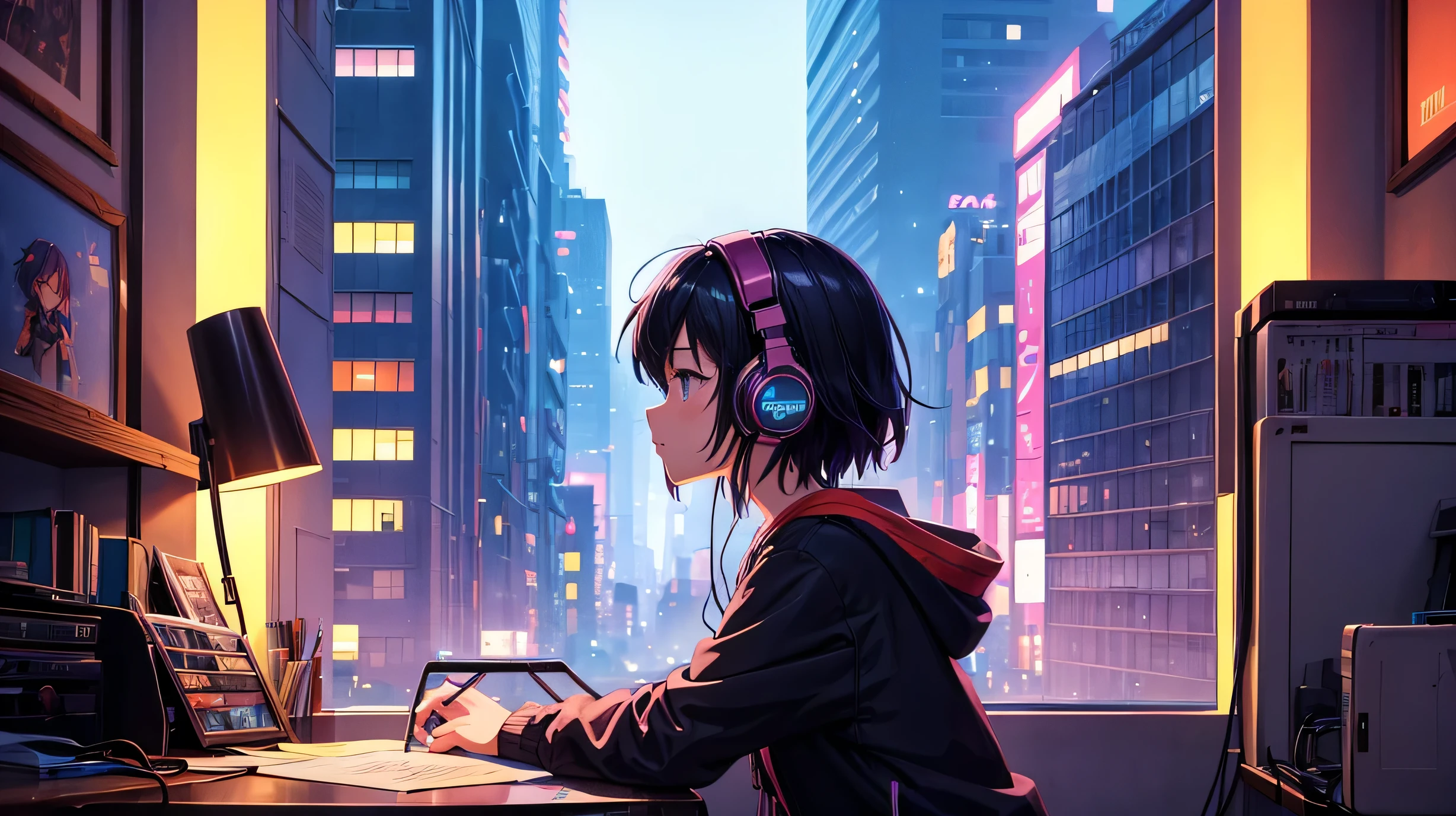 (zero), Girl studying in room, Reading a book, Wear headphones, , Night lighting, Neon scenery on a rainy day,Analog Color Theme, Lo-fi hip hop , review, flat, 2.5D ,Draw a line, Ink drawing, Large slope, Watercolor, Goosh Colors, Studio Ghibli style, Great colorful, Outerton, Synthwave, Lofi Art,90s Style,Old Texture, amplitude,90s vibe, Tabletop, Great technology, 16:9 Scale,Anime girl sitting on a window sill and looking at her mobile phone, Lofi Artstyle, LOFI Girl, Anime Style 4k, Lofi Art, Anime atmosphere, 4k anime wallpaper, Portrait of Rofi, Lo-fi vibe, anime art wallpaper 4k, In front of a SF cityscape, anime art wallpaper 4k, makoto shinkai cyril rolando