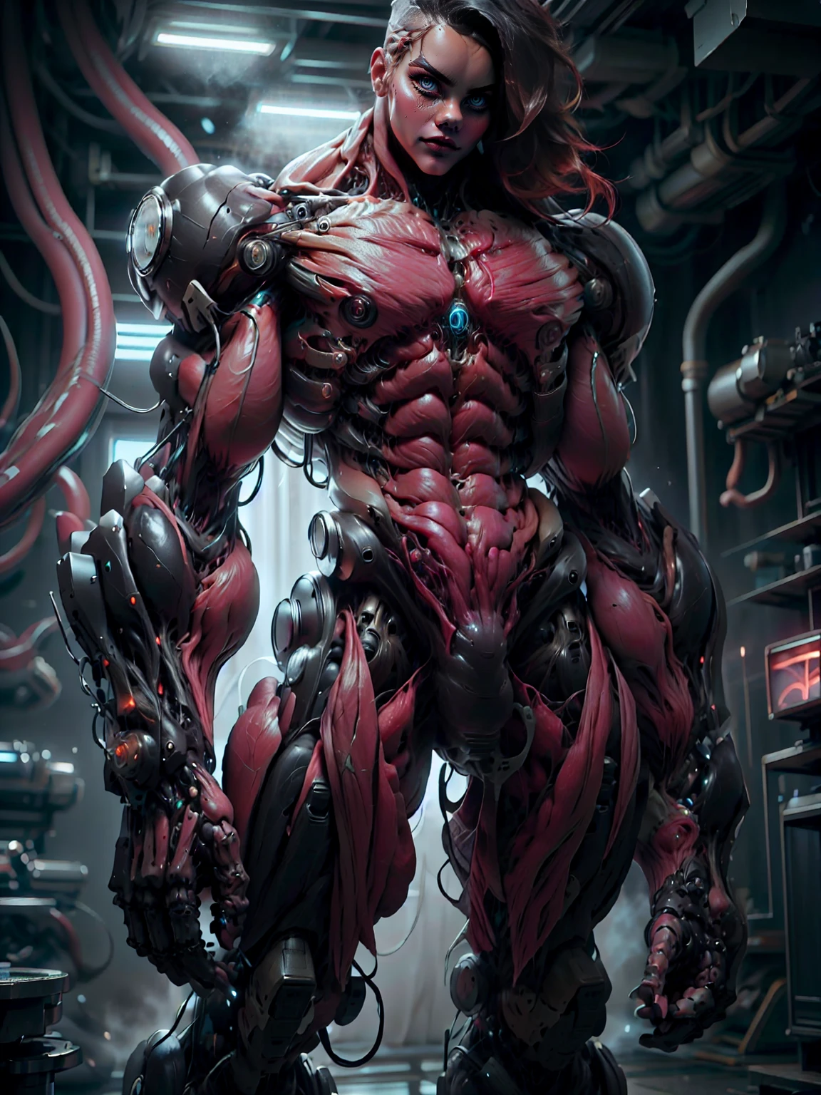 (1 girl), (cara delevingne), (muscular android girl wearing a black anatomic cybernetic muscle suit:1.25), (wide shoulders:1.25), (muscular defined physique:1.25), perfect hands, long hair, large , looking at viewer, high resolution image, extreme detail, blank background
