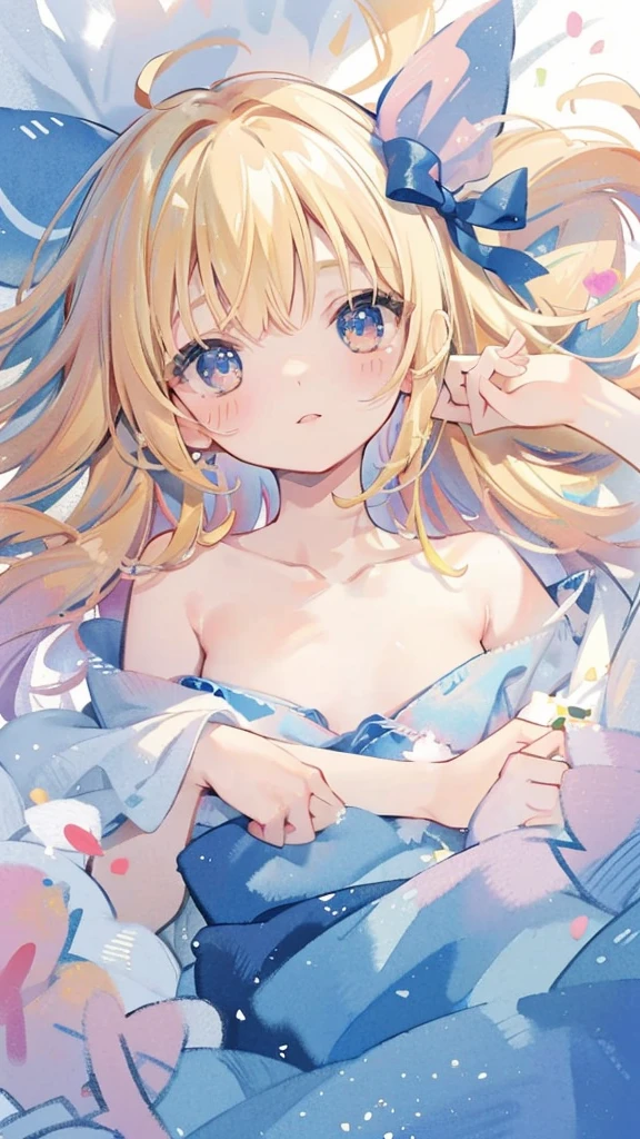 Nsfw,(highest quality）、（masterpiece：1.2）、（colorful：0.9）、（Color scattering）、（watercolor painting)、sharp focus、High resolution, (anime style:1.1), ((highest quality)), (Super detailed), (beautiful), alone,alice in wonderland、cute、blue ribbon on head、masterpiece、best image quality、highest quality、alice in wonderlandのコスチューム、Colorful long blonde hair、Colorful eyes、(face close-up:1.2)