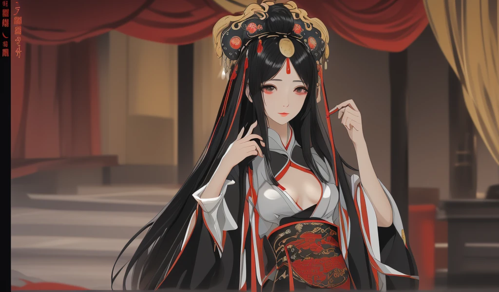 Long straight black hair, flat chest, hairpin, headdress, imperial concubine's clothing, embroidered shoes, Chinese palace