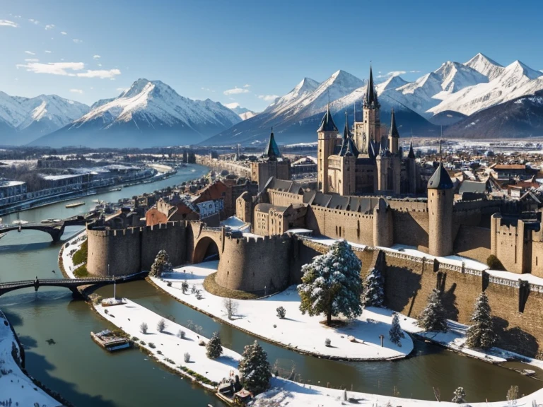 a medieval city with the citizen's houses and the city's center. alongside with a huge royal castle nearby a wide river and a view of snowy mountains 