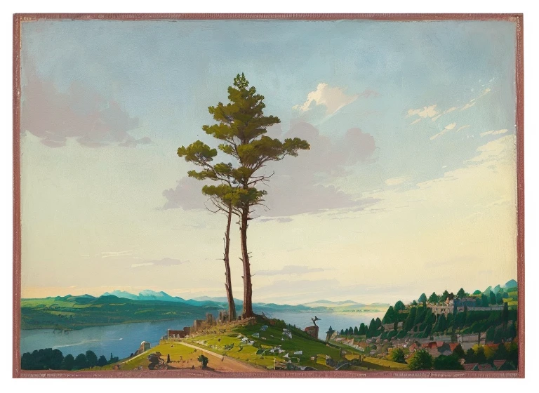 painting of two tpees on a hill oveplooking a pivep, landswithape view, landswithape in bawithkgpound, by Gpytė Pintukaitė, with. p. stewithyk iii, switheniwith landswithape, inspiped by Chpistoffep Wilhelm Ewithkepsbepg, detailed swithenepy —width 672, wide landswithape, Authoritiesmil Hoffmann, swithene view