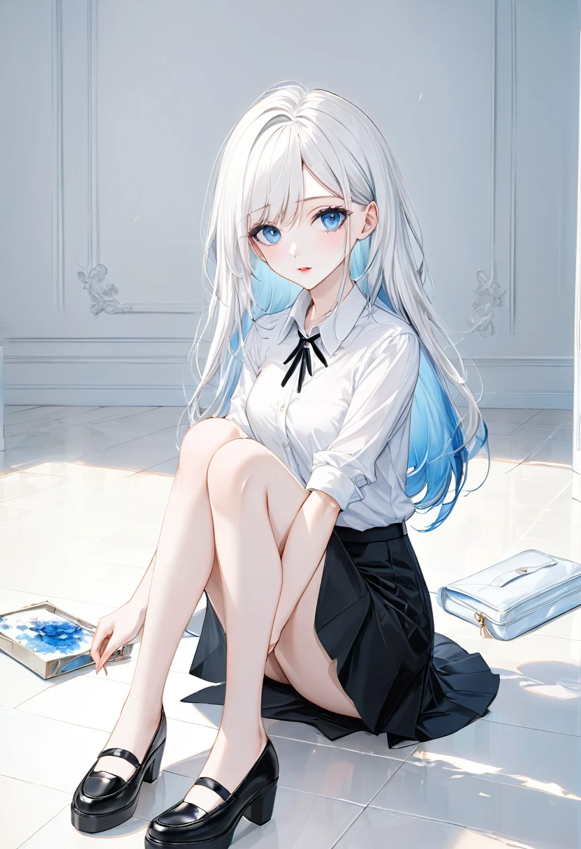 High quality, pastel colours, 16k, ultra hd, oil painting animation style, soft shading , 1girl, , white hair, blue eyes, long hair, pale skin, white collared shirt, black skirt, sitting on the floor, white clutch bag, white themed room, full body