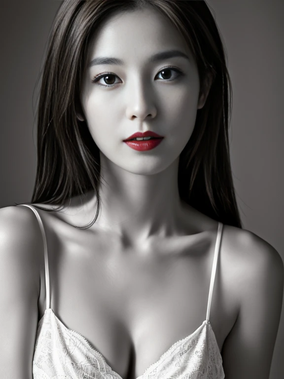 8k wallpaper, top-quality, masterpiece, realisitic, Photorealsitic, ultra-detailliert, RAW photo of a 29-year-old woman, (((Monochrome photography))), 1girl in, ((Facing the front)), Look at viewers, well-shaped small breasts, Detailed clavicle, sexy underwear, bust-up photography, bilaterally symmetrical, (((Only the lips are vermilion))), face perfect, straight haired
