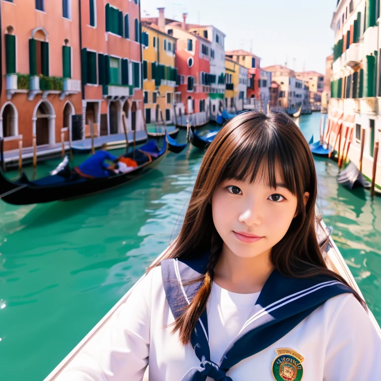 Face-to-face Venice Gondola Cruise in Venice、17 year old Japanese girl in sailor uniform、Looking at the cityscape