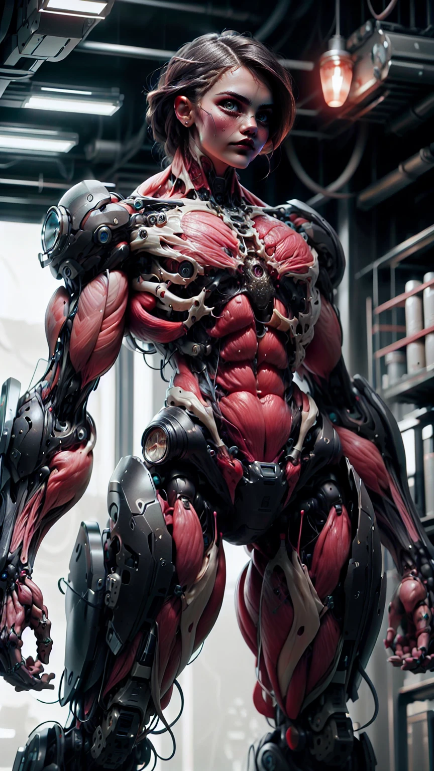 (1 girl), (cara delevingne), (muscular android girl wearing a black anatomic cybernetic muscle suit:1.25), (wide shoulders:1.25), (muscular defined physique:1.25), perfect hands, long hair, large breasts, high resolution image, extreme detail, blank background