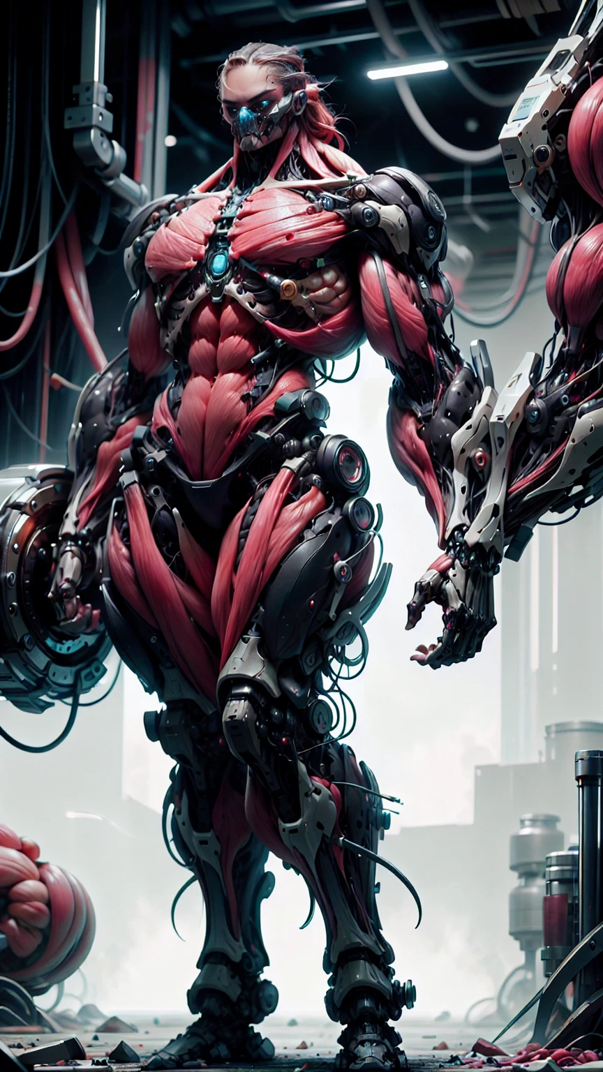 (1 girl), (cara delevingne), (muscular android girl wearing a black anatomic cybernetic muscle suit:1.25), (wide shoulders:1.25), (muscular defined physique:1.25), perfect hands, long hair, large breasts, high resolution image, extreme detail, blank background