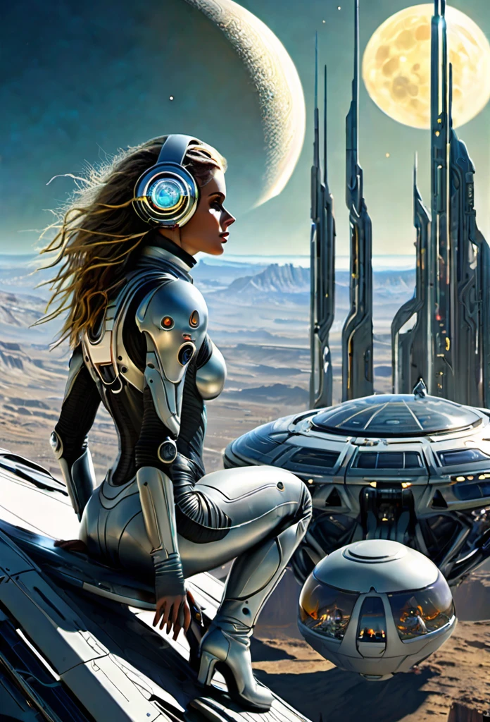 A masterpiece picture of a woman in extraterrestrial suite, gazing at the Planet Saturn, she is on her futuristic cyberpunk Extraterrestrial All Terrain hover Vehicle, with the earthlings colony magnificent City at the valley of Moon of Titan in a far distance, insanely detailed futuristic scene background, ultra realistic, Don Lawrence style, ultra high resolution, ultra high definition, 8k, RAW, octane render