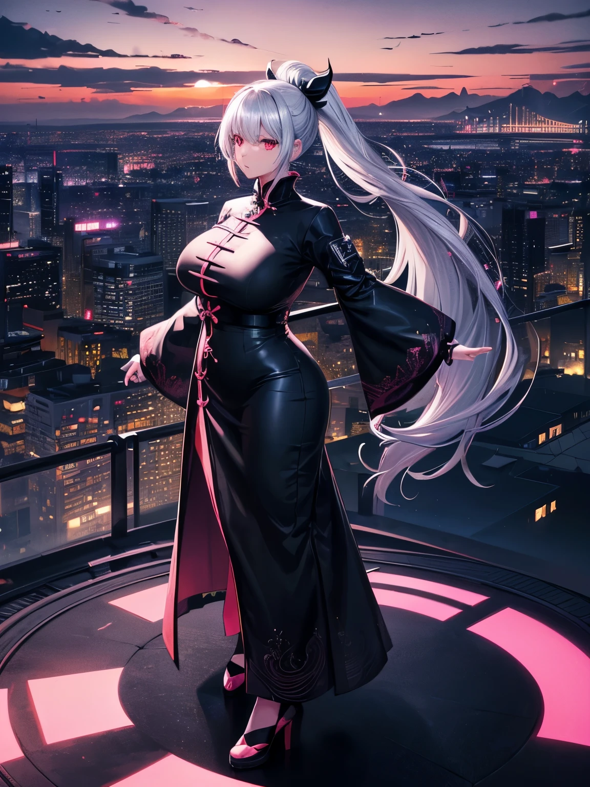 anime, (artwork, best quality, ultra-detailed, high contrast), 1 woman (Alone, full body, plus size body, standing on the edge of the skyscraper, silver hair, LONG In a ponytail, red eyes ruby sparkles, (simple black qipao, black cybernetics with neon pink), transparent black socks), (skyscraper roof, overlooking a city, detailed background ((night time, Darkness, low light pollution)))