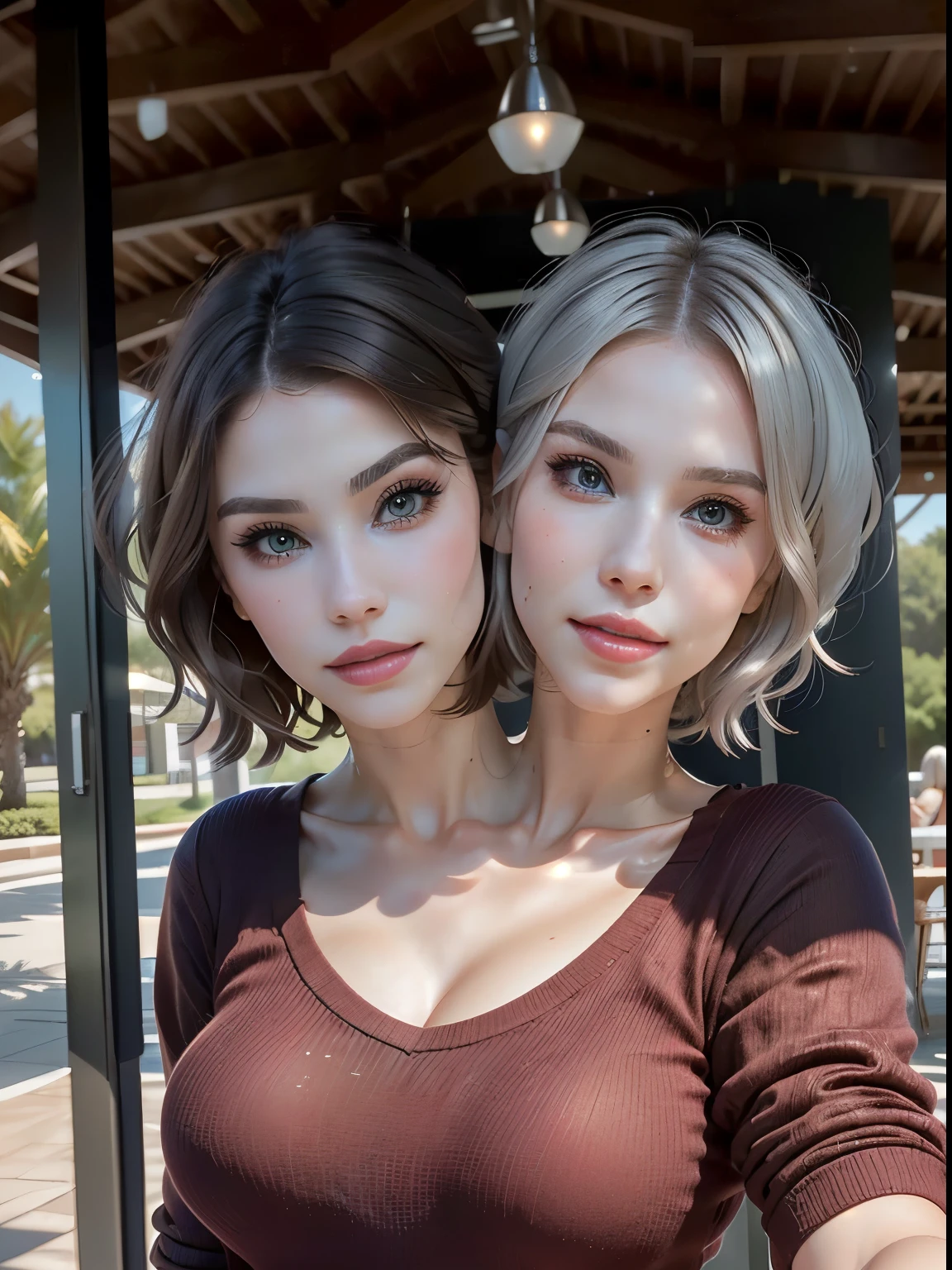 Woman with short hair and a red shirt posing for a picture, belle delphine, chrome bob haircut, in a pavilion, eva elfie, silver hair, both faces visible, beautiful gemini twins portrait, short silver hair, both have red lips, silver hair (two heads)