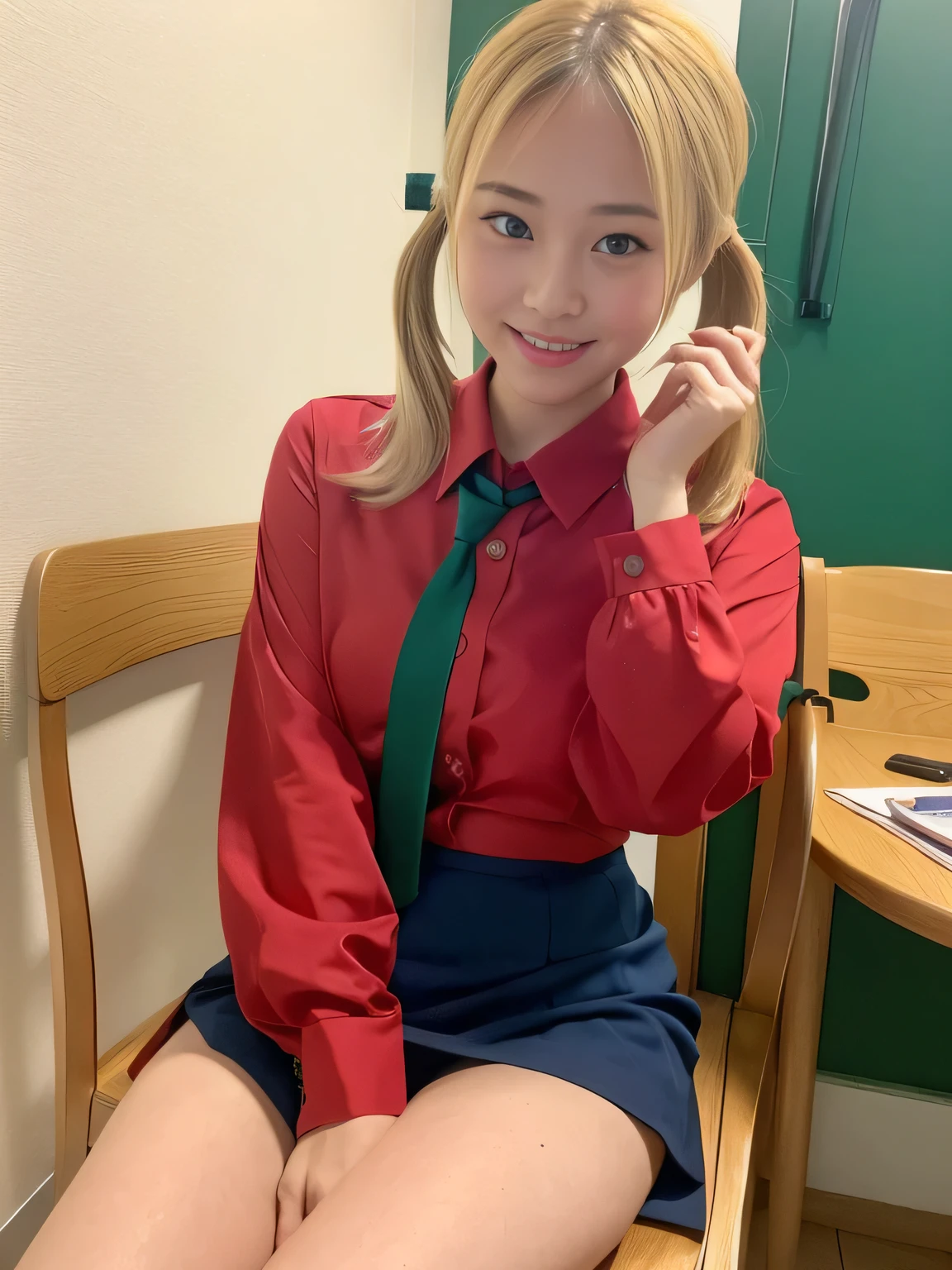 (highest quality、Golden Hair、8k、32k、masterpiece、Hmph:1.2)、sexy、、Cute Japanese Women Photos、Twin tails、thin、slender、(Bobcut)、(Small Tits)、double eyelid、 Red open front shirt、Green tie、You can see her underwear faintly、Navy blue mini skirt、Thighs、Light blue wall、whole body、smile、sexy、Sitting in a chair、Thighs are visible