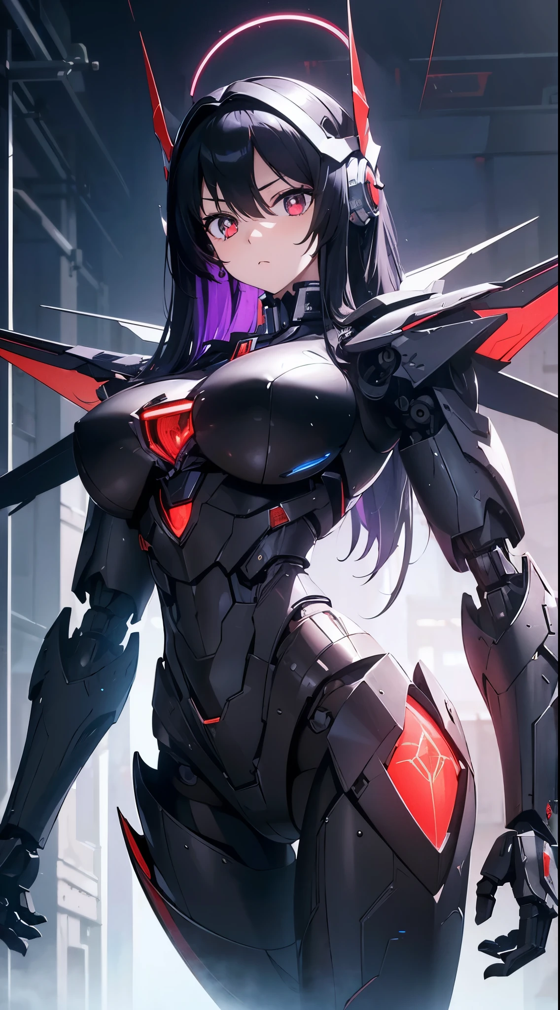 Eyes of the machine glowing red、Expressionless