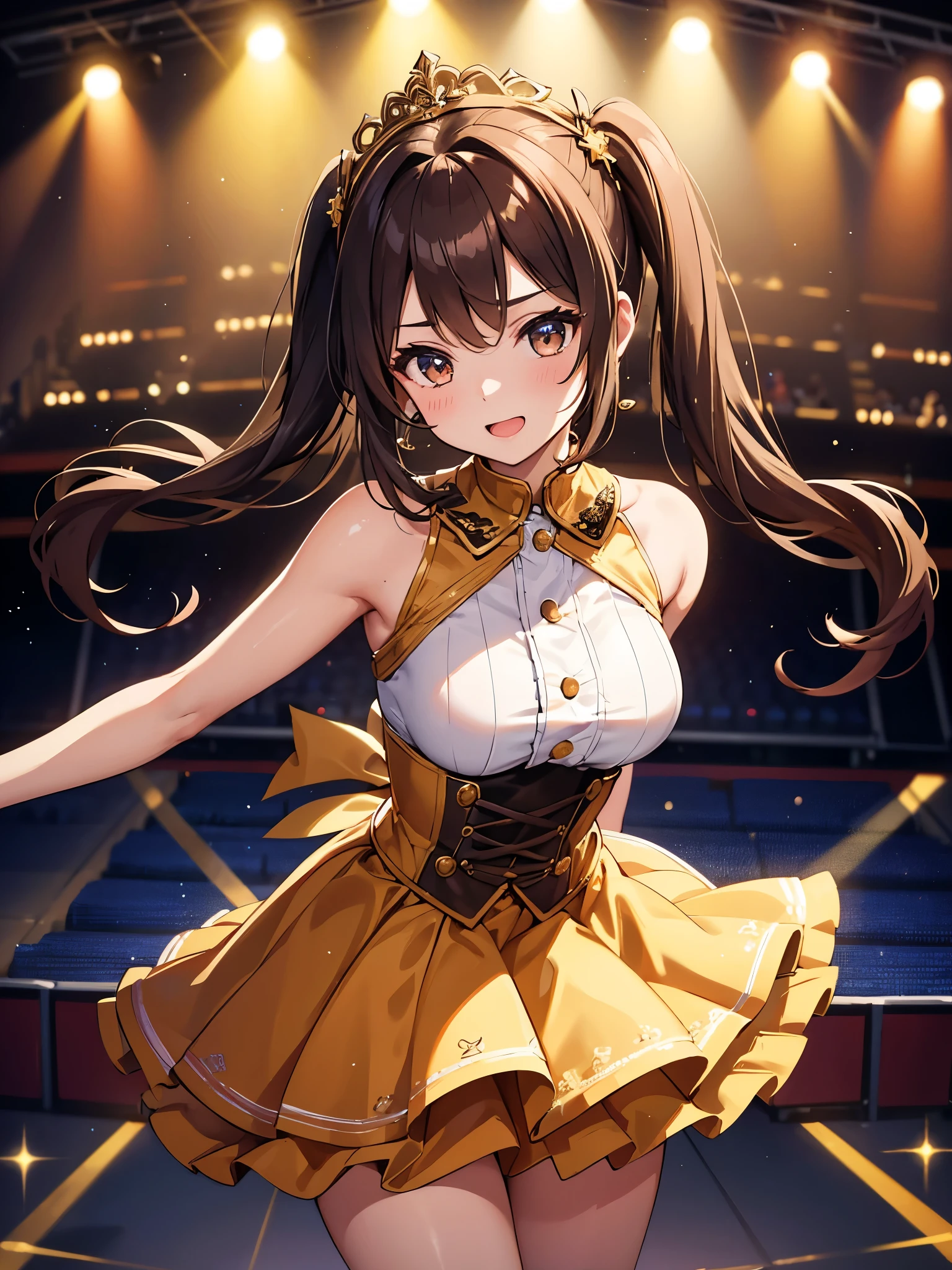 A girl with brown pigtails stands on a band stage, dressed in glittering idol costumes. Her sparkling attire reflects the vibrant lights of the stage, creating a mesmerizing visual effect. This masterpiece is crafted with the best quality, ensuring ultra-detailed precision and showcasing every intricate detail of the girl's outfit and features. Her pigtails sway gently as she performs, adding a touch of movement to the scene. The vibrant colors and sharp focus of the image bring out the energetic atmosphere of the concert. The stage is bathed in a mix of warm and cool tones, enhancing the overall ambiance. With the combination of professional lighting and a carefully curated composition, this artwork captures the essence of the girl's charm and the excitement of the performance.