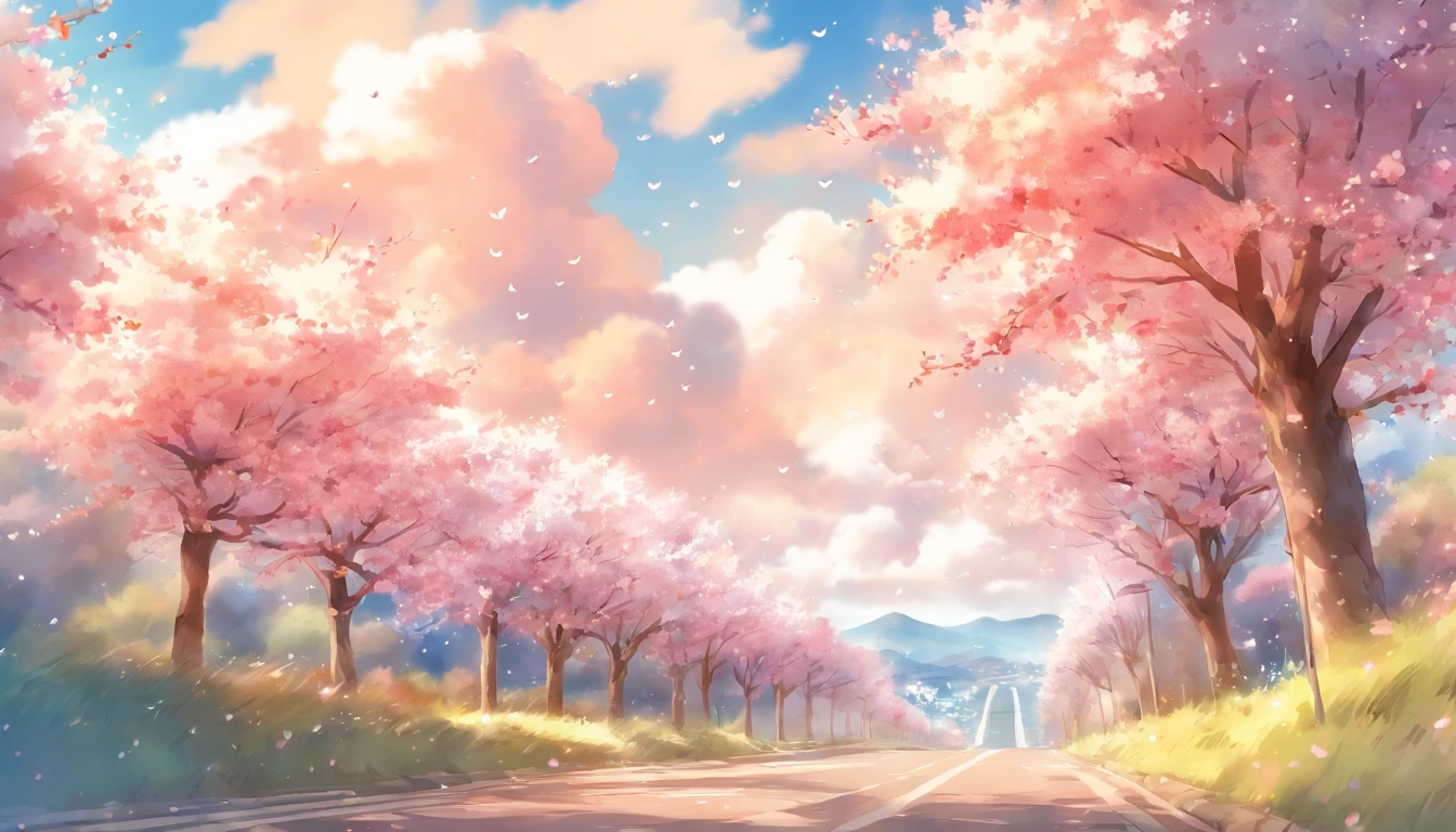 Blue sky and white clouds,The road is lined with beautiful cherry blossom trees,WaterColor style