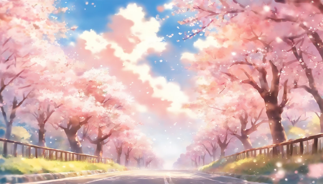 Blue sky and white clouds,The road is lined with beautiful cherry blossom trees,WaterColor style