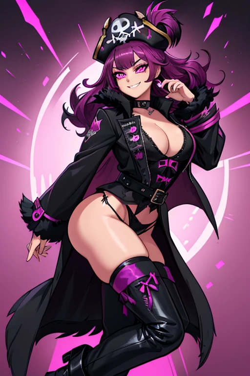 female, black long hair with magenta highlights, silver eyes, black wolf ears, black wolf tail (((1girl))), (((black pirate coat with magenta trim))), (black pirate hat), (black belt), (magenta pants), (black boots), cute and sexy, full body, large breasts, large butt, long legs, smiling