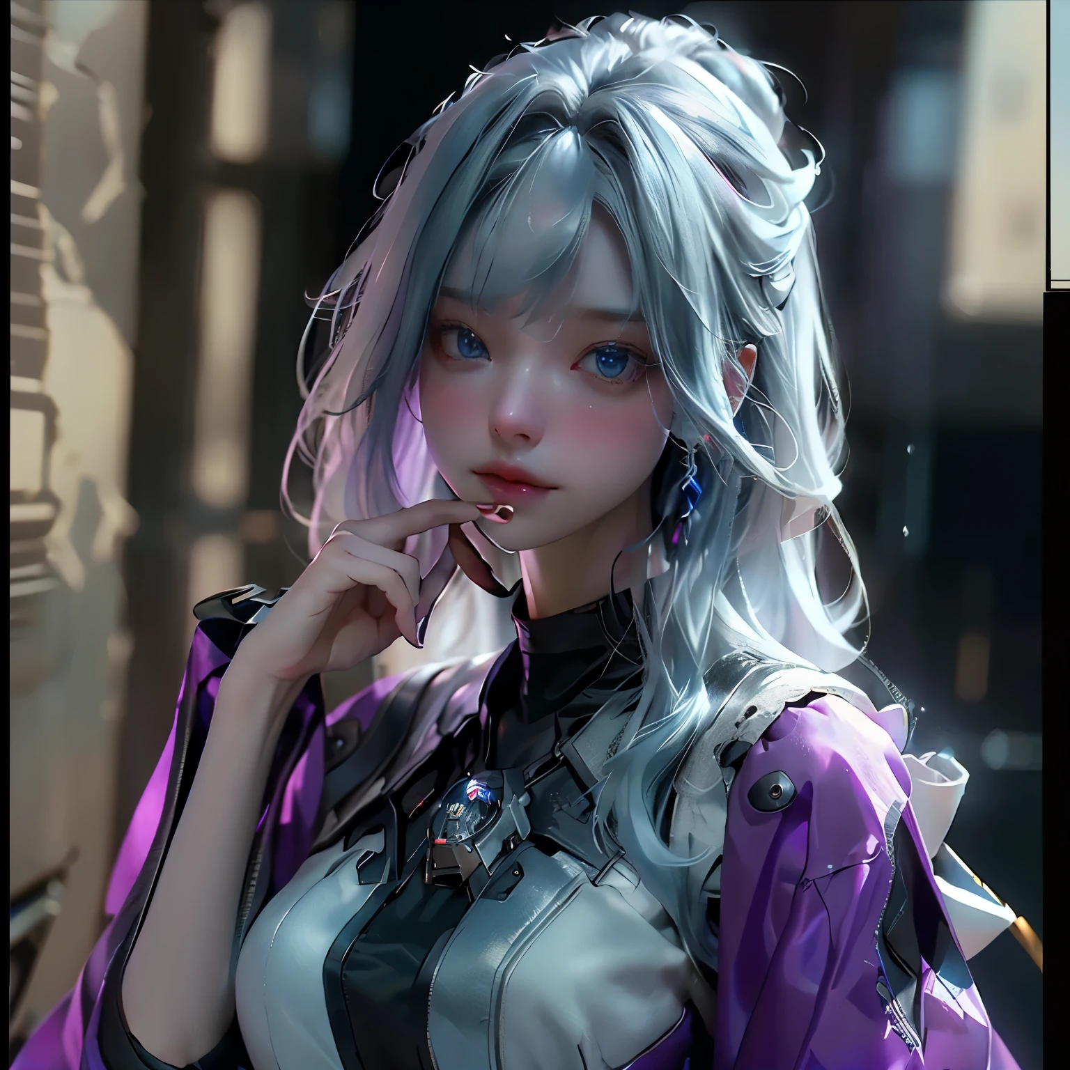 A close up of a person with a purple jacket and a purple jacket - SeaArt AI