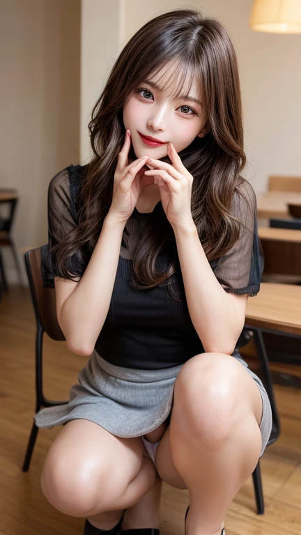 Tabletop, highest quality, figure, Very detailed, In detail, High resolution, 8k wallpaper, Perfect dynamic composition, Beautiful fine details, dress,See-through、mini skirt、High Leg 1.5、Medium Hair, I can see the big things, Natural color lip, Random sexy poses,smile,20 year old girl squatting 1.5、Close-up、Spread your legs wide 1.5、Panties are visible 1.5、Place your right hand on your mouth 1.3,Covering genitals with left hand 1.5